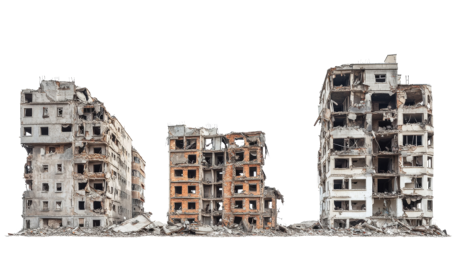 Ruined buildings representing war destruction on transparent background