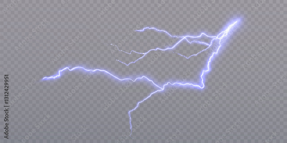 Poster Lightning isolated on transparent background PNG. Lightning and discharge impact force, thunder, sparkle. Vector
