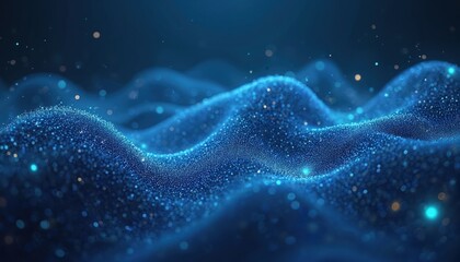Blue digital wave background. Glowing dotted pattern. Advanced technology, connection concept. Tech abstract design with light particles. Futuristic network communication. Virtual datum flow. Dynamic