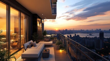 Obraz premium A modern urban balcony offers panoramic views of a city sunset