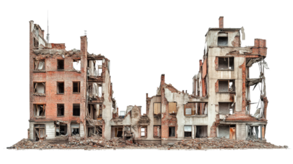 Destroyed brick buildings with transparent background representing war or natural disaster