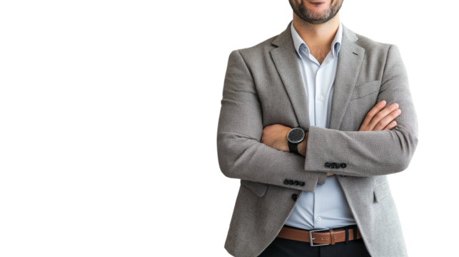 CEO or manager in a business casual outfit, relaxed but authoritative look, subtle confident smile, sharp high-resolution details png