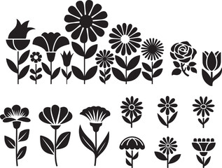 Black flower silhouette collection with assorted floral shapes, botanical icons, daisy, tulip, rose, and garden blossom designs in vector art