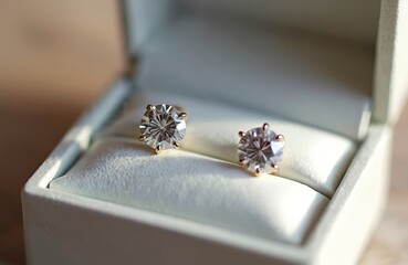 Elegant pair of diamond stud earrings in gift box for jewelry advertising. Luxury round cut diamonds with yellow gold prongs. Perfect gift for anniversary, valentines birthday. Jewellery photography.