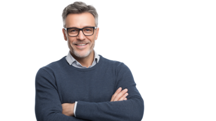 CEO or manager in a business casual outfit, relaxed but authoritative look, subtle confident smile, sharp high-resolution details png 