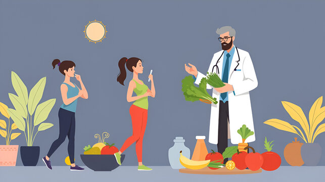 Diet plan illustration. People exercising and doing fitness. Doctor planning diet with vegetable. Concept of dietary eating, meal planning, nutrition consultation. Vector illustration for web design