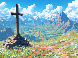 aerial view of a cross on a mountain, set against a vast desert landscape,