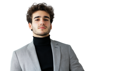 Young startup entrepreneur in a casual smart outfit, light gray blazer over a black turtleneck, confident pose, modern look, crisp details, isolated on white,png