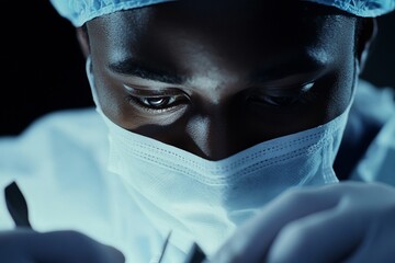 Focused african male surgeon in surgical mask and cap performing precise medical procedure