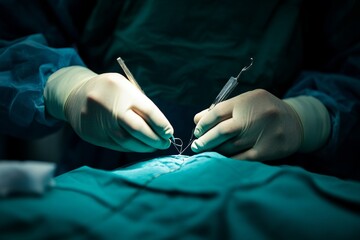 Surgeon's hands performing precise surgery on patient with surgical tools in operating room