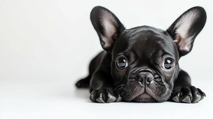Fototapeta premium black french bull dog closeup on a light blurred background 