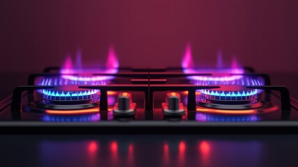 Close up of a modern gas stove burning with blue flames, representing cooking, energy, and household utilities