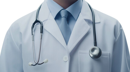Professional doctor in a white coat, stethoscope around neck, calm and reassuring facial expression, clean medical branding, isolated on white background png