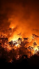 Inferno's Grasp: A Forest Engulfed in Flames, A Fiery Testament to Climate Change's Destructive Power, Casting an Ominous Glow Across the Landscape, With Trees Succumbing to the Relentless Heat.
