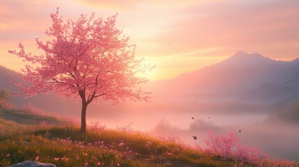 Serene mountain sunrise with blossoming pink cherry tree