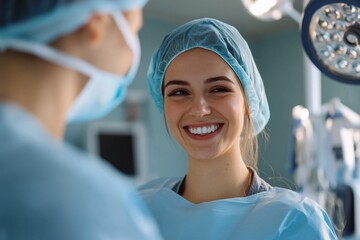 Young caucasian female surgeon smiling in operating room