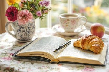 Cozy morning with coffee, open book, croissant, and flowers on a floral tablecloth