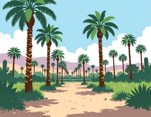 Obraz premium Tall Palm Trees in Tennis Court Oasis, Minimalist Flat Color Illustration, Copy Space for Text