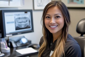 Asian female adult dentist smiling in office with dental x-ray displayed on screen