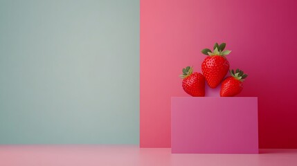 Strawberries on pink block, against split color background for product display and space for text