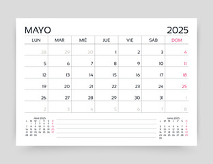 Calendar for May 2025 year in Spanish. Planner calender template. Desk corporate diary. Week starts Monday. Monthly organizer. Timetable layout. Table schedule grid. Vector illustration. Paper size A5