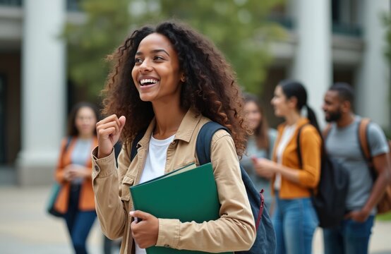 Cheerful black girl student with group of diverse young adults. African american woman with curly afro hair holds book folder, smiles. Multiethnic students friends laugh, look at side, study at