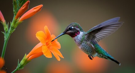 Fototapeta premium Hummingbird Drinking Nectar From Vibrant Orange Trumpet Flower Blossom