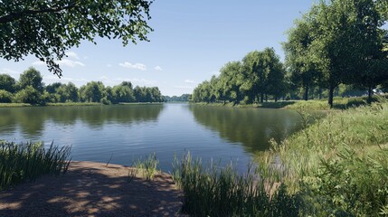 Obraz premium Serene lake view, tranquil forest, sunny day