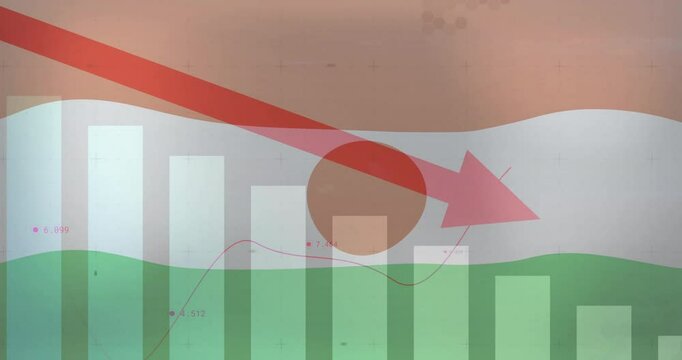 Bar chart with downward red arrow showing financial decline in animation background