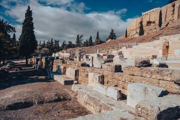 Acropolis, Parthenon, ancient marble ruins at the foot of the Acropolis hill Athens, Greece