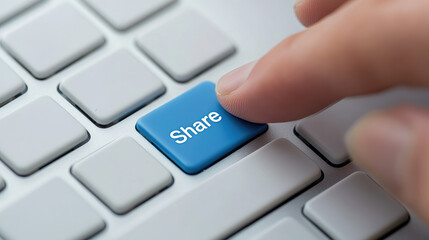 Sharing Online Finger Pressing Blue Share Button on Keyboard