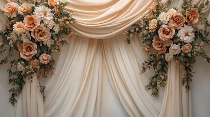Elegant floral arrangement with beige draped fabric background