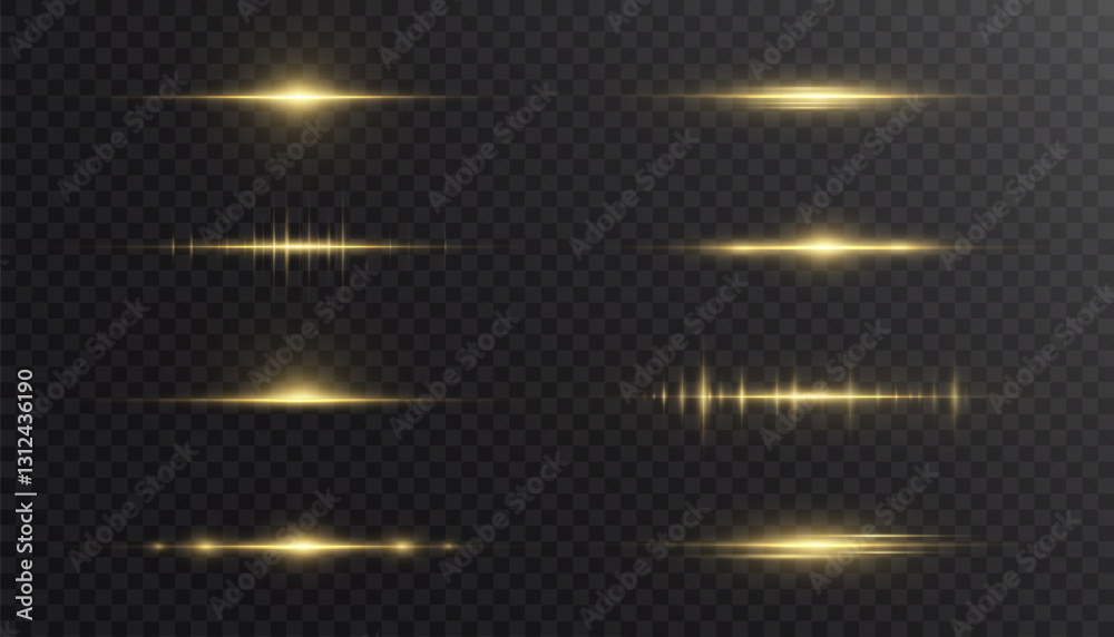 Poster Set of horizontal glow bright golden rays light effect isolated on transparent background. Vector