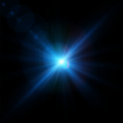 Bright blue lens flare light reflection. Abstract glow and star effect for illustrations and game interface design. Vector
