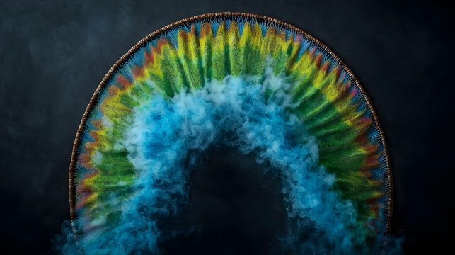 Colorful rainbow like form framed with textured elements