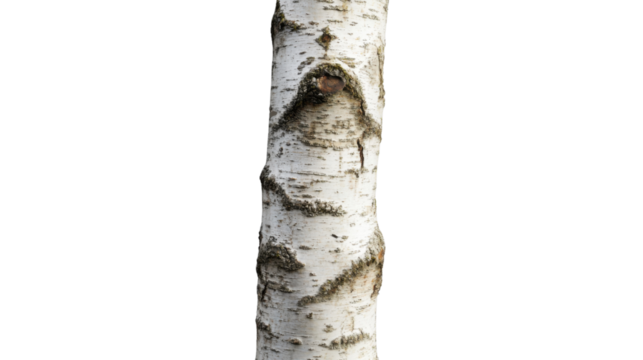 Birch trunk showing white bark on transparent background