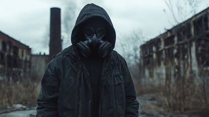 A shadowy figure in a black gas mask and hooded jacket stands ominously amid abandoned industrial ruins, shrouded in an overcast, desolate atmosphere.