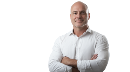 Business coach or consultant, wearing a well-fitted dress shirt with rolled-up sleeves, energetic and engaging facial expression, cinematic sharp focus, white background png 