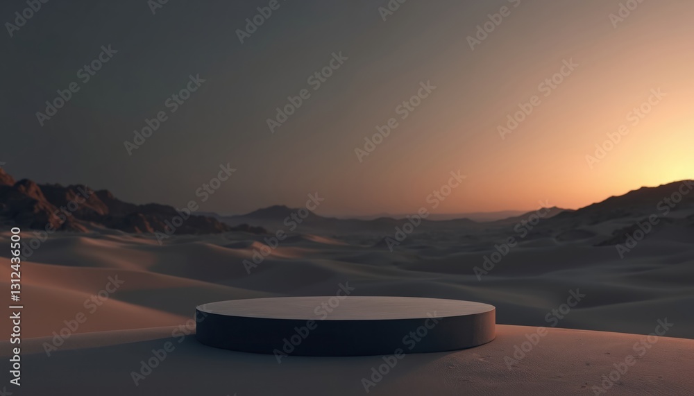Poster minimal podium in desert landscape with gradient sky. dark environment. cylinder platform for produc