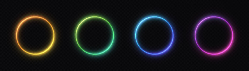 Set of bright colorful round frames on black background. Neon frame. Abstract bright colorful geometric design. Vector