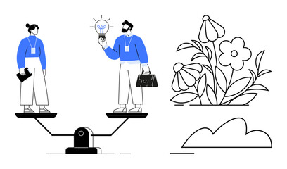 Businessman with lightbulb and businesswoman on balance scale alongside growing flowers and cloud. Ideal for creativity, teamwork, innovation, equality, growth, balance, sustainability. Flat simple