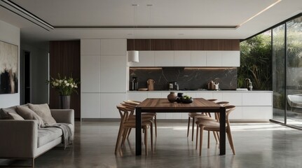Fototapeta premium Modern Minimalist Kitchen Dining Room Design with Natural Wood