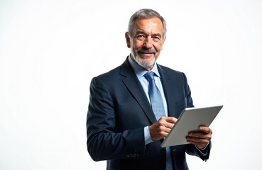 Aged caucasian businessman portrait. Senior man smiles using a tablet. Entrepreneur wears suit, tie in studio setting. Leader holds digital gadget. Mature male boss in formal clothes works.