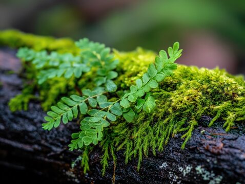 Close-up of Green Leaf and Bryophyte in Valdivian Rainforest