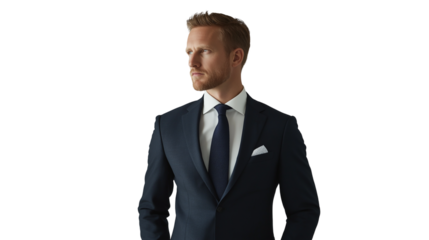 Banking expert in a dark blue suit, confident and approachable, professional headshot style, on a pure white backdrop, cinematic lighting png