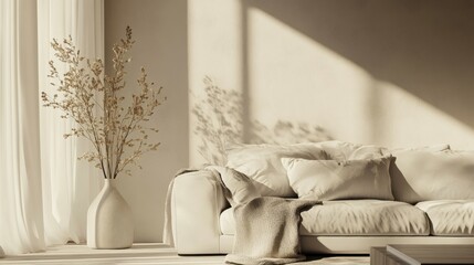 View of modern scandinavian style interior with sofa and trendy vase, Home staging and minimalism concept