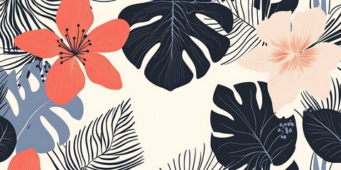 Vibrant tropical floral pattern with hibiscus and monstera leaves on a cream background