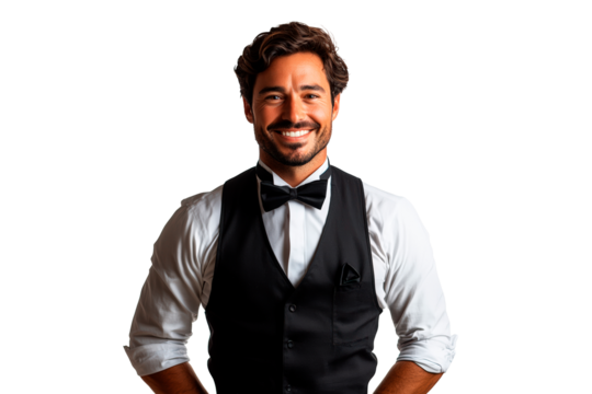 Happy hotel waiter portrait isolated on transparent background