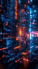 Naklejka premium Visual representation of a futuristic data center with vibrant lights and digital textures