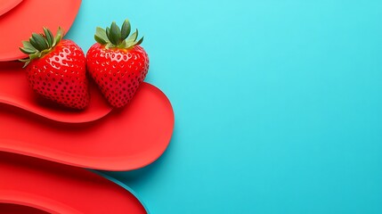 Strawberries on red waves. Blue background for text, advertising fresh summer fruit or dessert